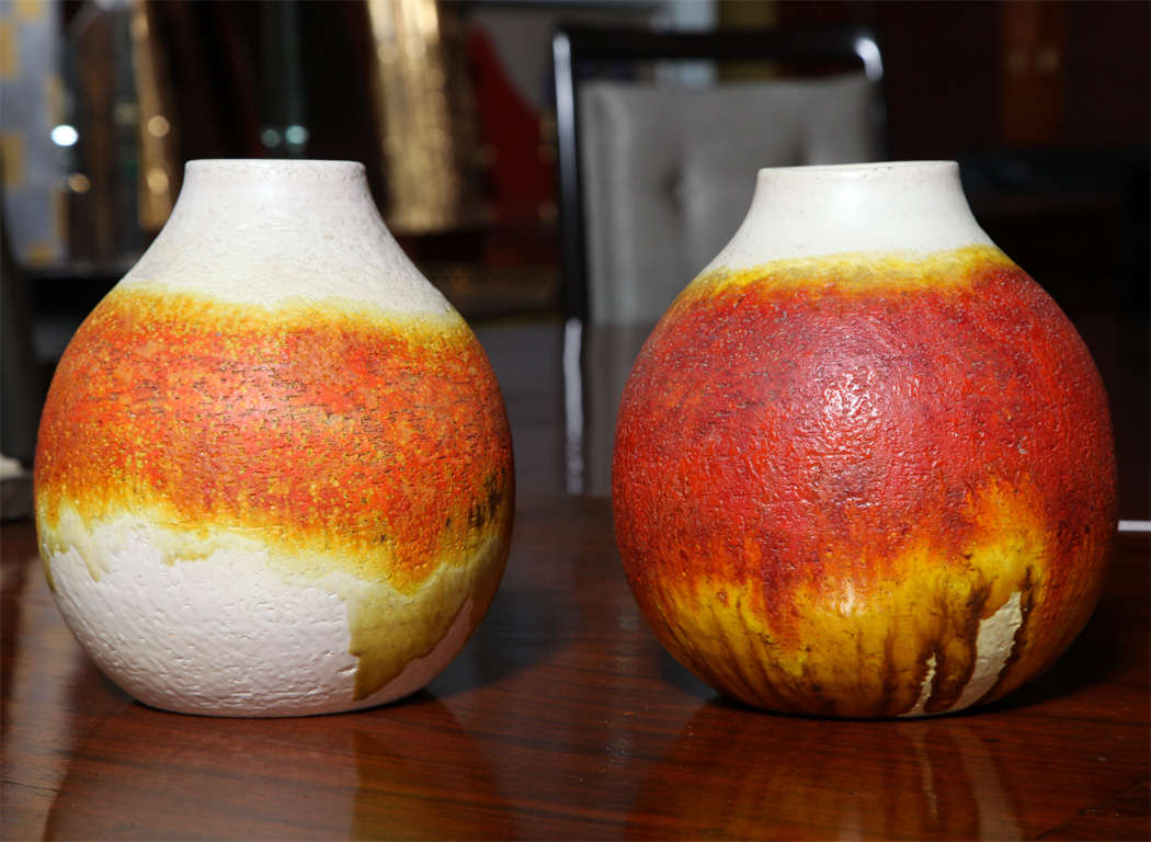 Italian Pair of Signed Fantoni Orange Glazed Pottery Vessels For Sale