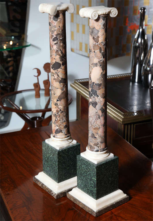 Marble Pair of Grand Tour Columns in Porphyry, Breche and Alabaster For Sale