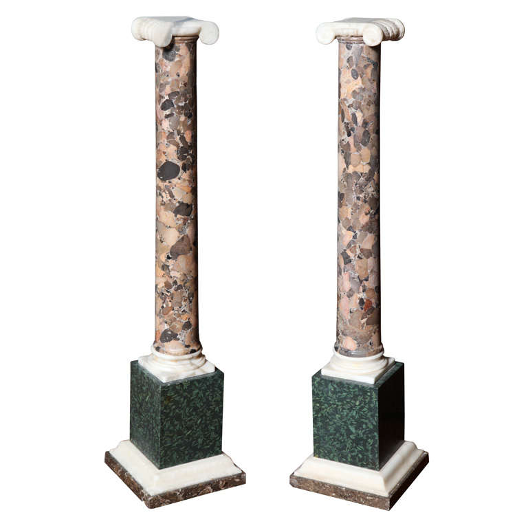 Pair of Grand Tour Columns in Porphyry, Breche and Alabaster For Sale