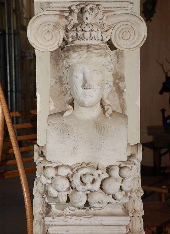 Antique Carved Marble Caryatids w/Classical Capitals over a Female Bust w/Draped Fruit Garland
