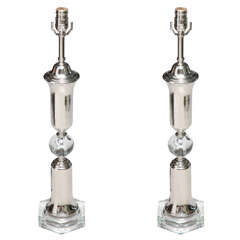 Pair of Art Deco Chrome Lamps with Crystal Balls
