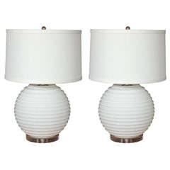 Pair of White Ribbed Glass Globe Lamps
