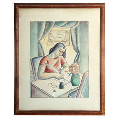 Vintage Italian Deco The Letter Gouache on Paper by Gallo