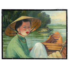 Vintage French Deco Portrait of Asian Lady in a Hat