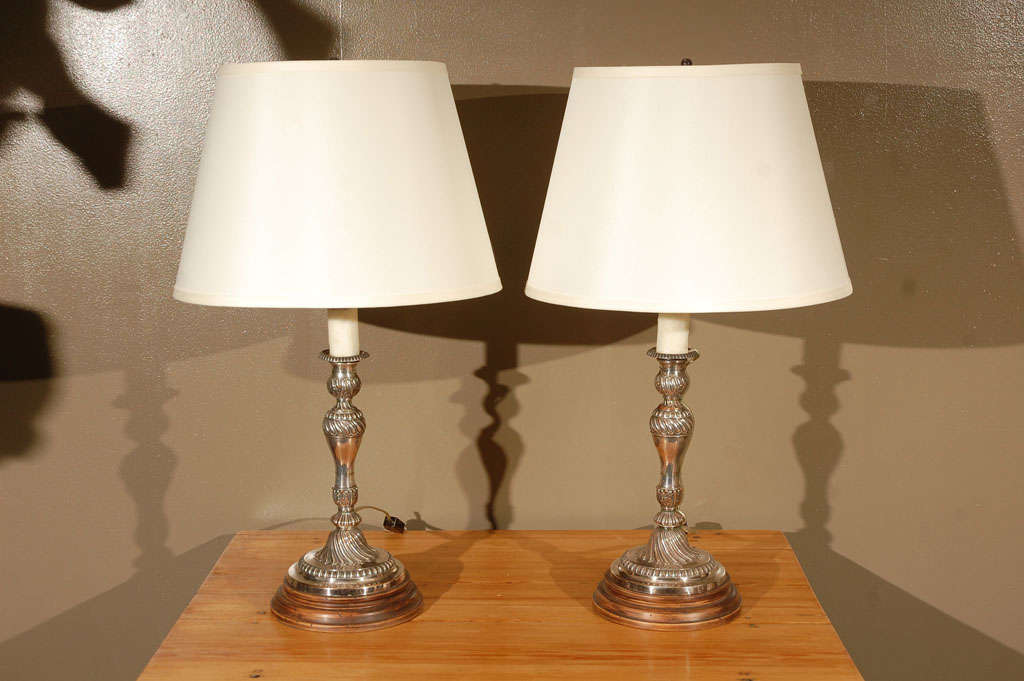 A Pair of 18th Century English Sheffield Plate Candlestick Lamps