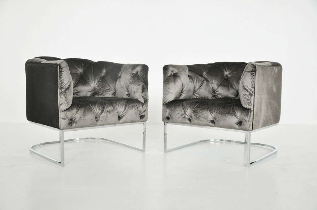 Milo Baughman lounge chairs.  Chrome frames with new silk velvet upholstery.