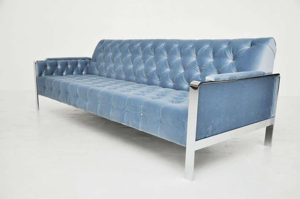 Milo Baughman chrome frame sofa.  Newly upholstered in blue velvet.  Deep button tufting.