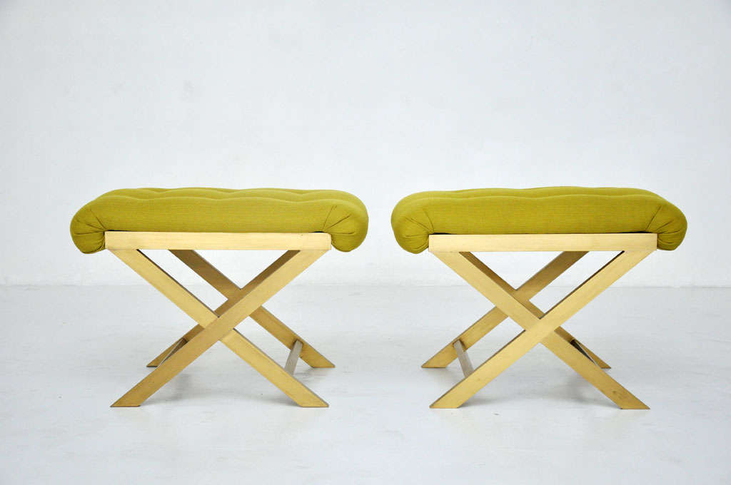 Brass frame X-base stool pair.  Made in Italy.  Newly upholstered.