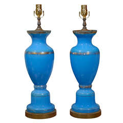 Pair Of 19thc Large French Blue Oplaine Glass Lamps