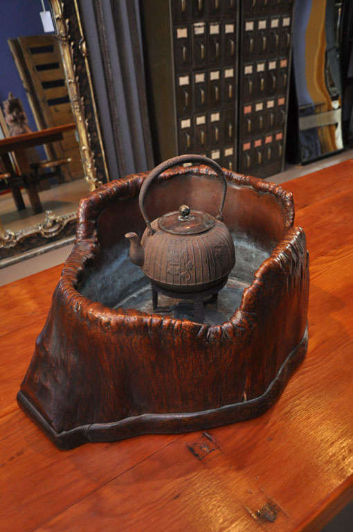 Edo period wood and copper hibachi with teapot and stand.