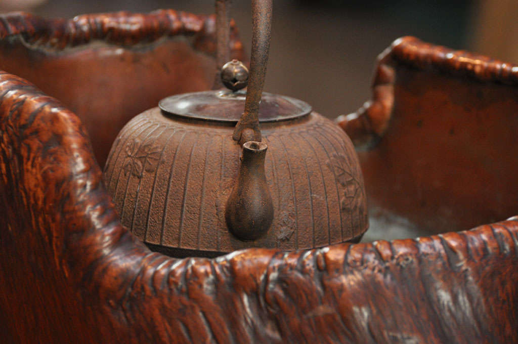 Japanese Teapot on Stand in Wood Basin with Copper Lining 4