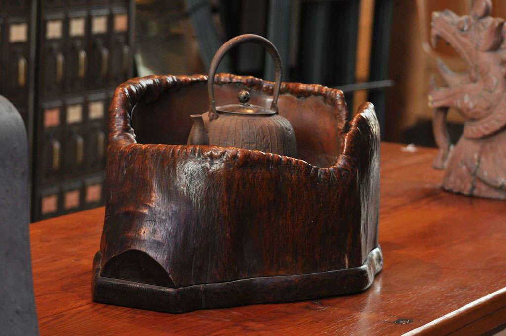 Japanese Teapot on Stand in Wood Basin with Copper Lining For Sale at