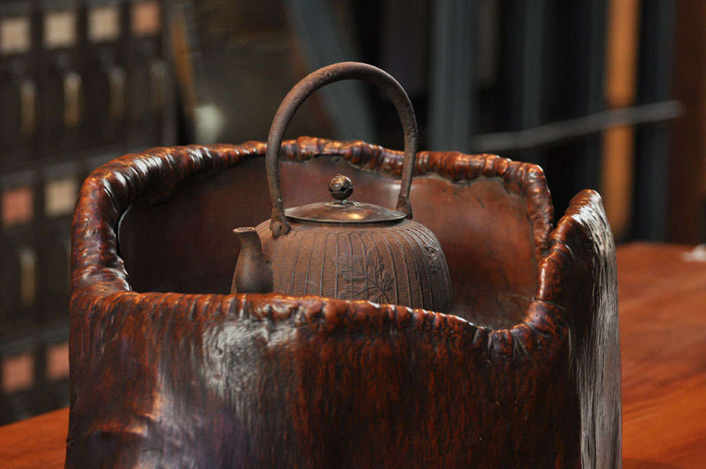 Japanese Teapot on Stand in Wood Basin with Copper Lining For Sale at