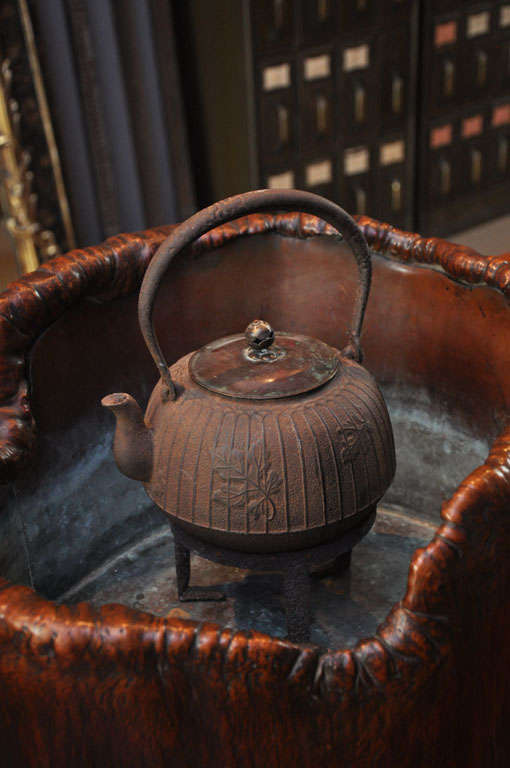 Japanese Teapot on Stand in Wood Basin with Copper Lining For Sale at