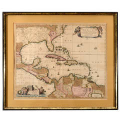 Antique A Late 17th Century Handcolored Map of the Caribbean