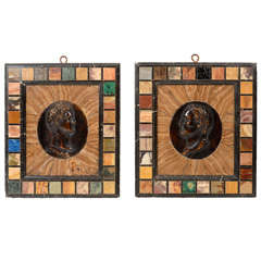 A Pair of Grand Tour Bronze Plaques in Specimen Marble Frames