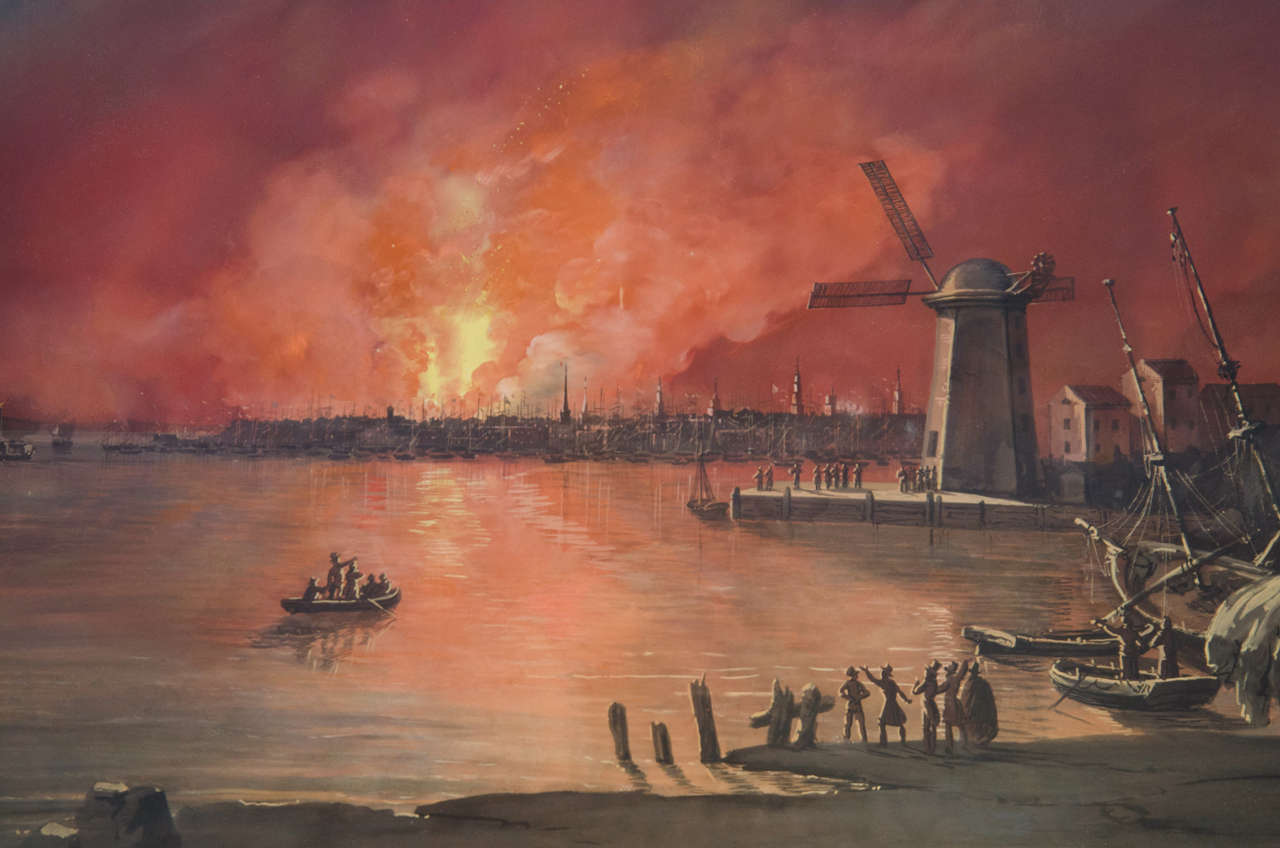 Gouache A Remarkable Early 19th-Century Watercolor of the Famous New York Fire of 1835 by Nicolino Calyo For Sale