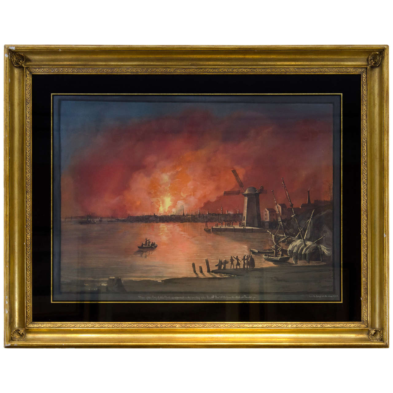 A Remarkable Early 19th-Century Watercolor of the Famous New York Fire of 1835 by Nicolino Calyo For Sale