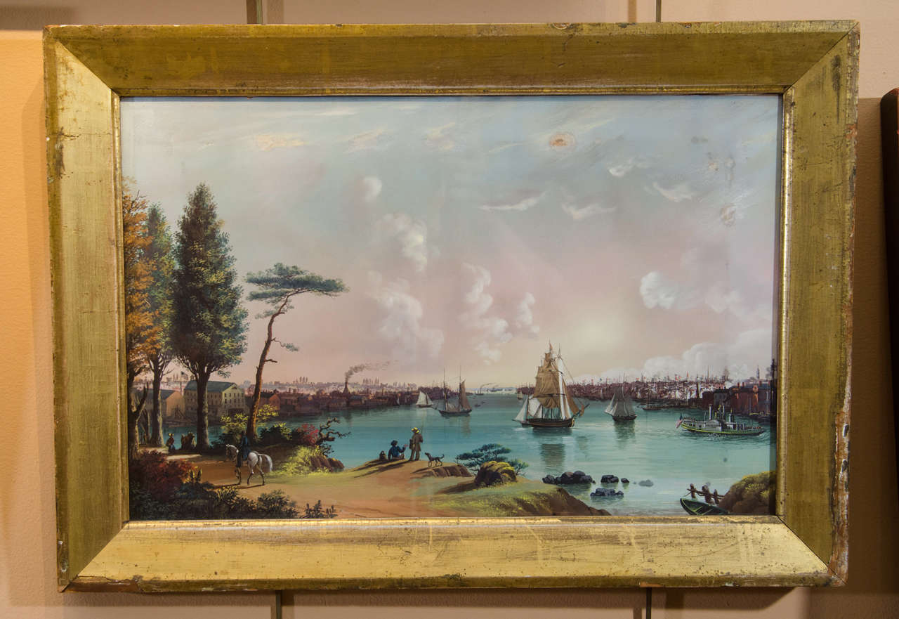 Nicolino Calyo (1799-1884)
The East River Looking Southwest, Blackwell’s Island in Foreground, The Navy Yard at Extreme Left 
Gouache on paper 
12 1/2 inches high x 19 inches wide 
Framed: 23 x 16 1/4 inches
In gilded frame of the period