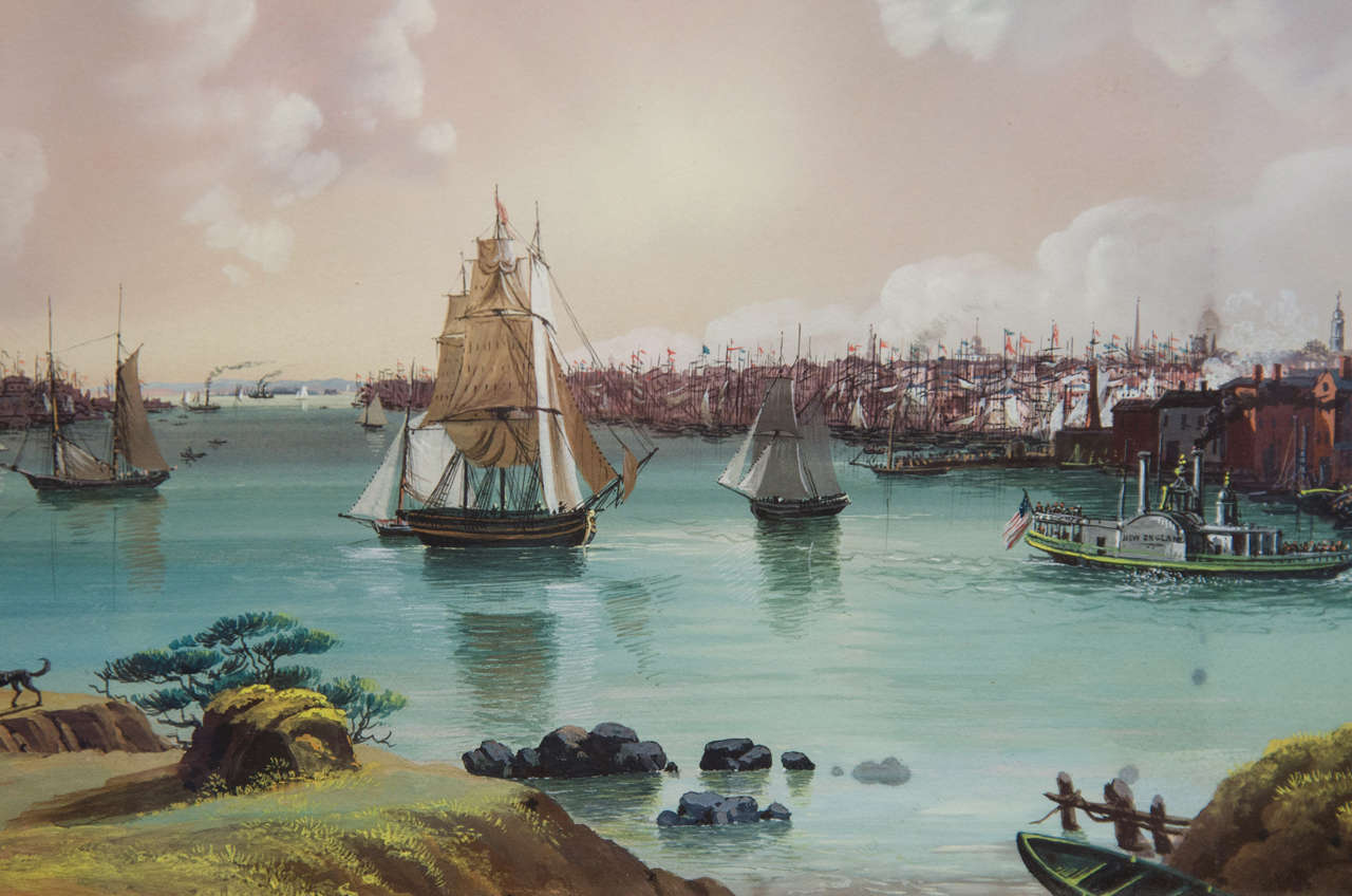 A Nineteenth Century The East River Looking Southwest by Nicolino Calyo In Excellent Condition For Sale In New York, NY