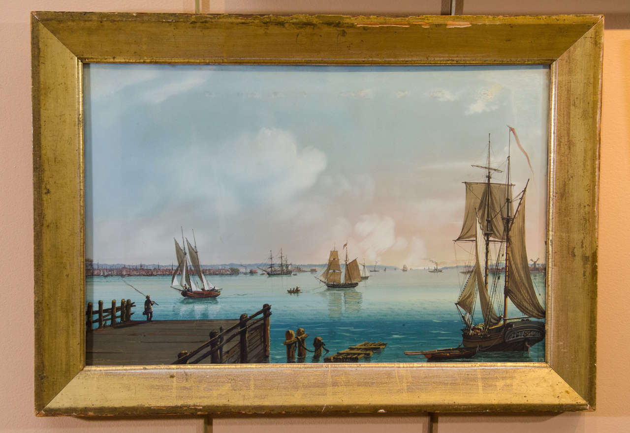 Nicolino Calyo (1799-1884)
View of Lower New York from Jersey City 
Gouache on paper 
12 1/2 inches high x 19 inches wide 
Framed: 23 x 16 1/4 inches
In gilded frame of the period 

Born in Italy in 1799, Nicolino Calyo studied at the Academy