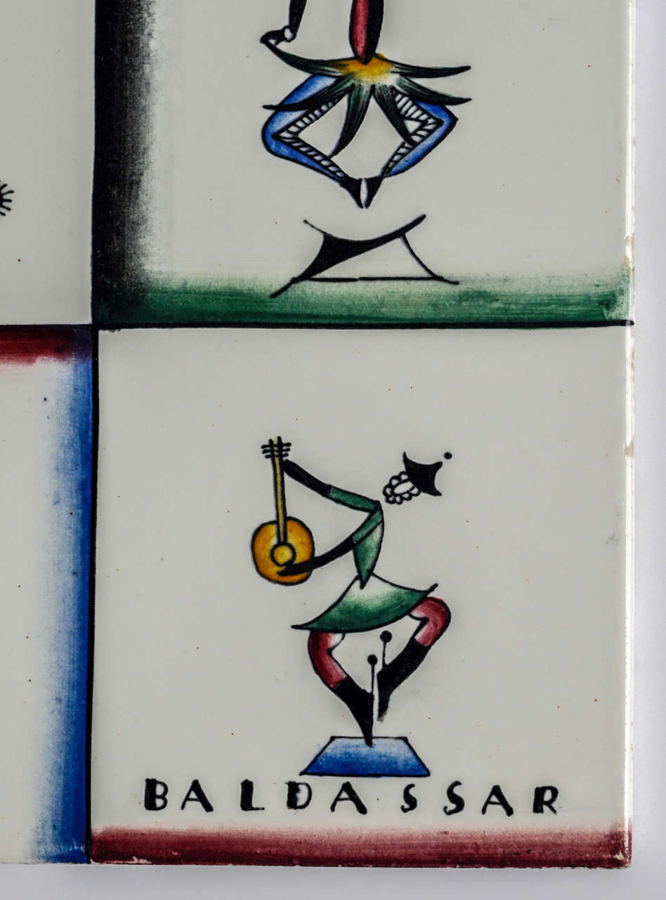 A scarce  handcrafted ceramic tile designed by Gio Ponti during his collaboration with the Italian ceramic factory Richard-Ginori (1923-30). The tile is divided into four vignettes representing mythological figures, a Renaissance count, and a 17th