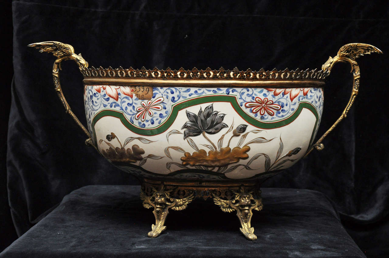 19th Century French Antique Porcelain and Gilt Bronze Center Bowl For Sale