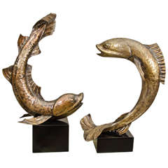 Pair of patinated metal fish sculptures