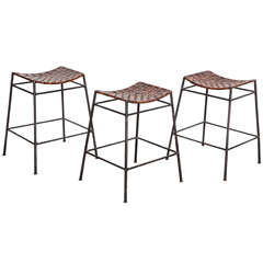 Set of 3 Barstools with Woven Leather Seat