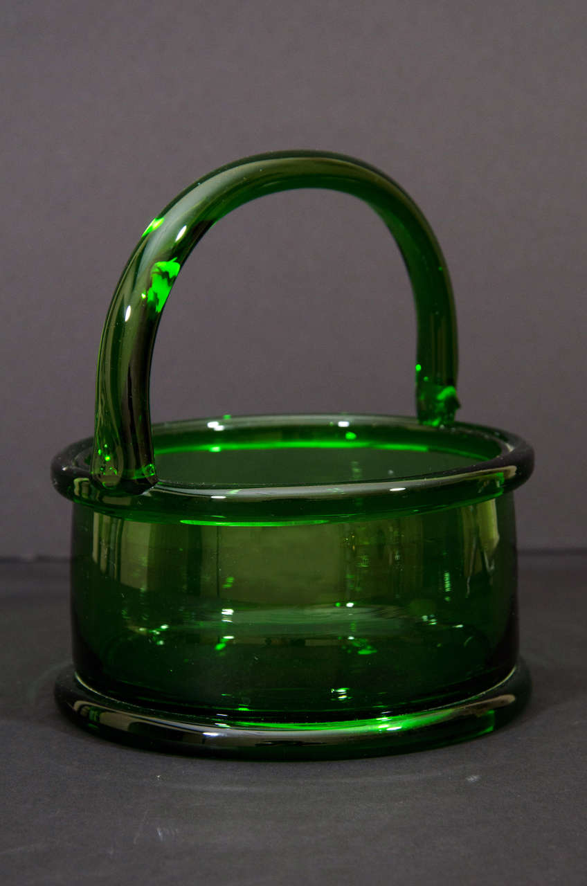Green Crystal Hand Blown Crystal Basket With Handle.