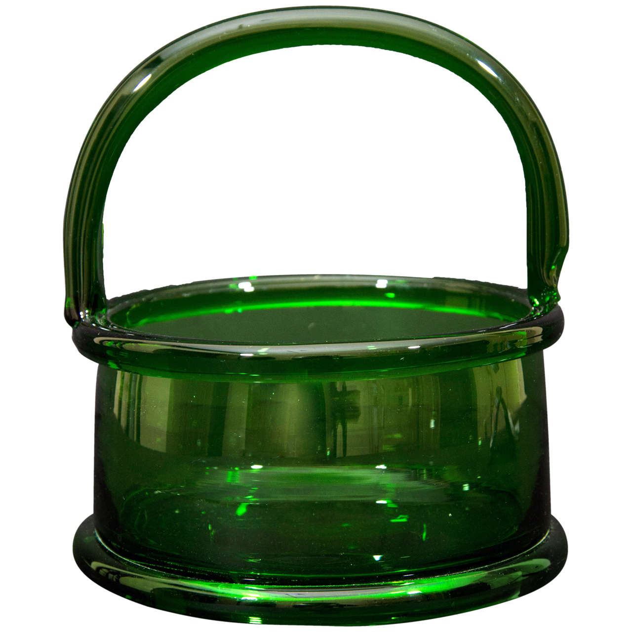 Hand Blown Green Crystal Basket For Sale