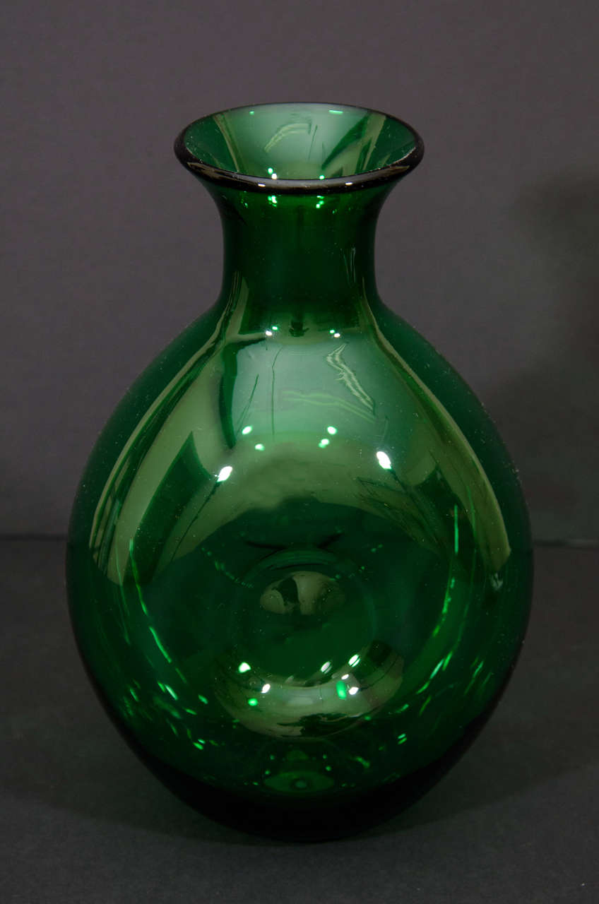 Green Glass Vase, Ovid Shaped With Circular Depression On Front And Back.