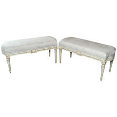 Pair of antique French painted and upholstered benches