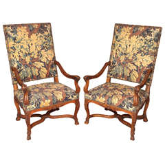 Pair Of Antique French Walnut Upholstered Fauteuils