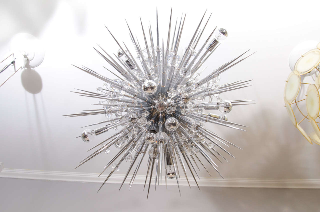 Custom crystal sputnik chandelier with spikes in polished chrome finish. Customization is available in different sizes and finishes.