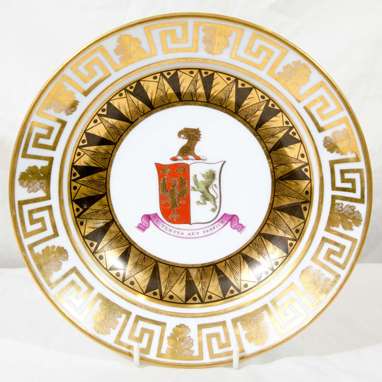 A Coalport Armorial Dish with Golden Greek Key Border