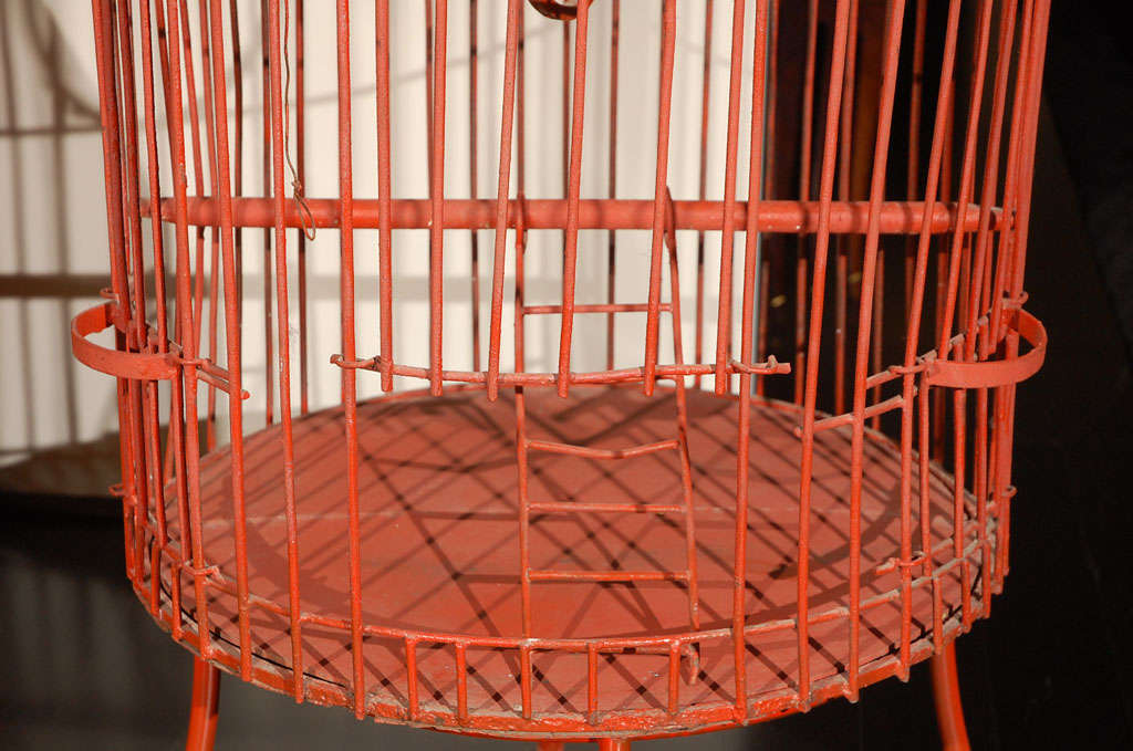 20th Century Tony Duquette Floor Bird Cage in Crimson Red with Plaster Tassels