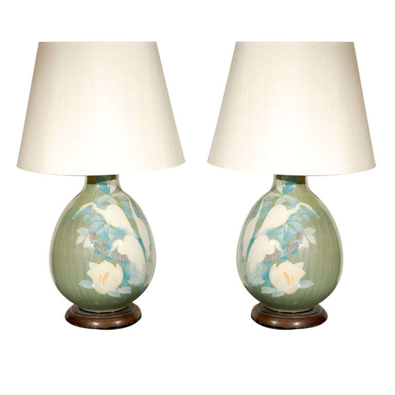 Pair of Hand-Painted Crane Table Lamps