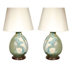 Vintage Pair of Hand-Painted Crane Table Lamps