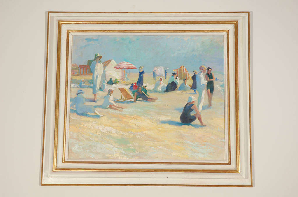 Art Deco oil on canvas painting depicting a summer beach scene. Signed on lower left corner. Beautiful decorative frame with gold leaf.