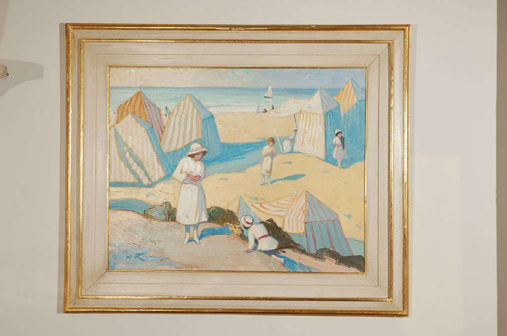 Oil painting depicting summer beach scene. Signed by Martin Lindenau on lower right hand side. Decorative frame with gold leaf.