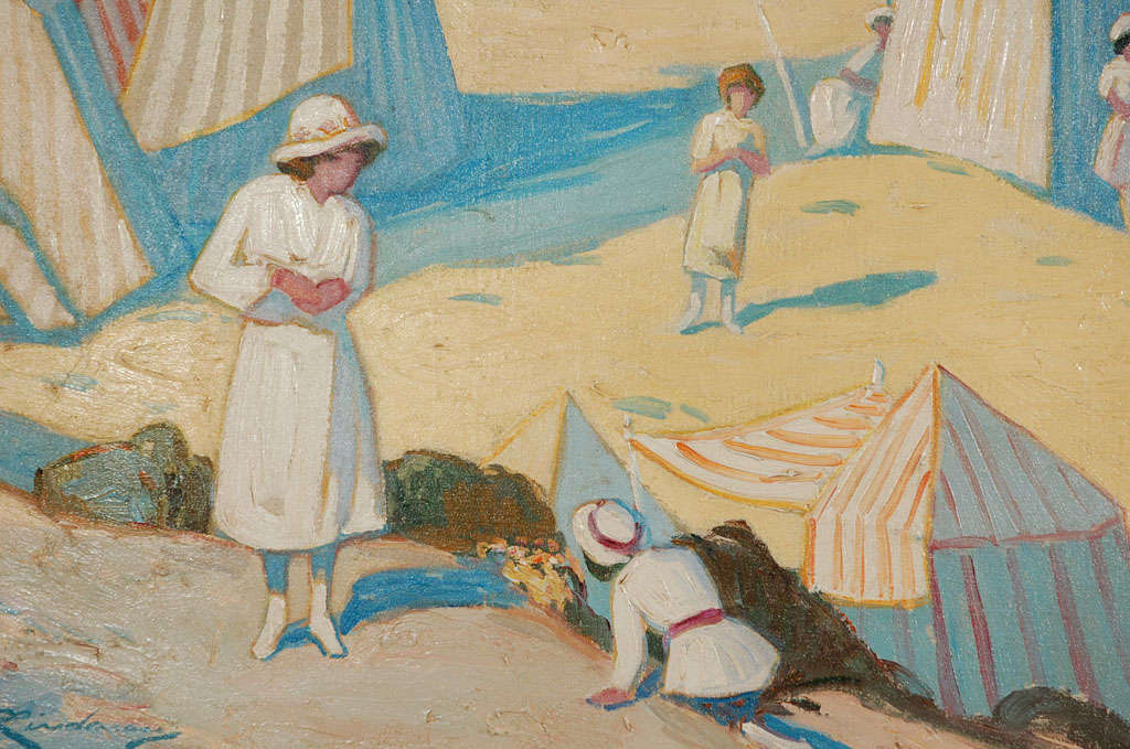 Art Deco Beach Scene Painting by Martin Lindenau In Excellent Condition For Sale In Los Angeles, CA