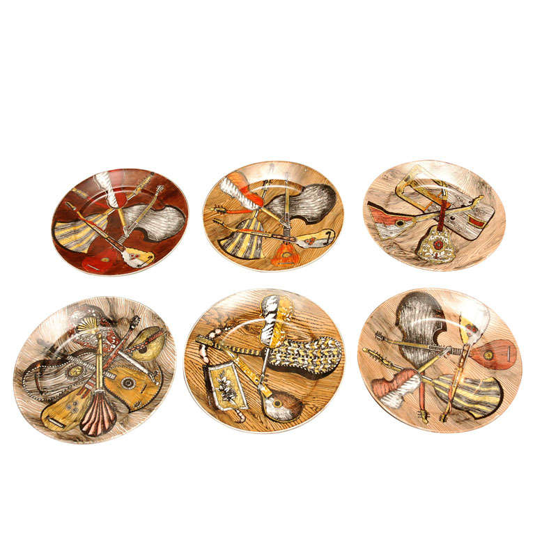 Piero Fornasetti 6 ceramic plates music  instruments