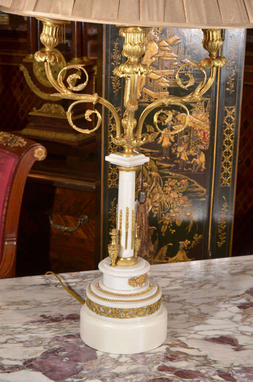 19th c Louis XVI marble candlabrum lamps In Excellent Condition In Dallas, TX