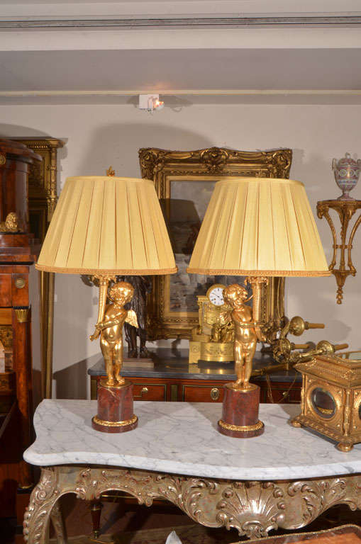 19th c bronze dore French cherub lamps