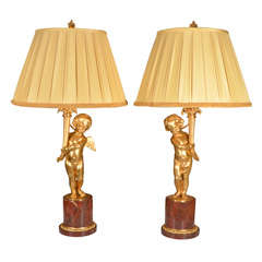 Antique 19th c bronze dore French cherub lamps
