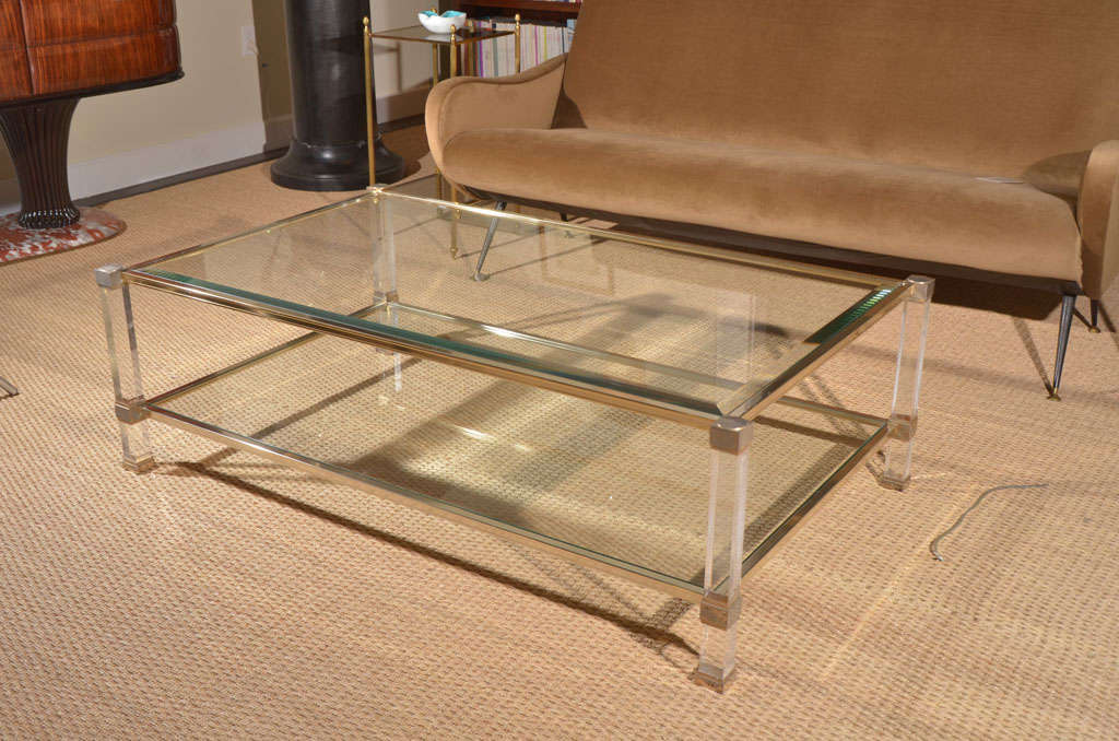 French 1970's brass, nickle, and acrylic coffee table