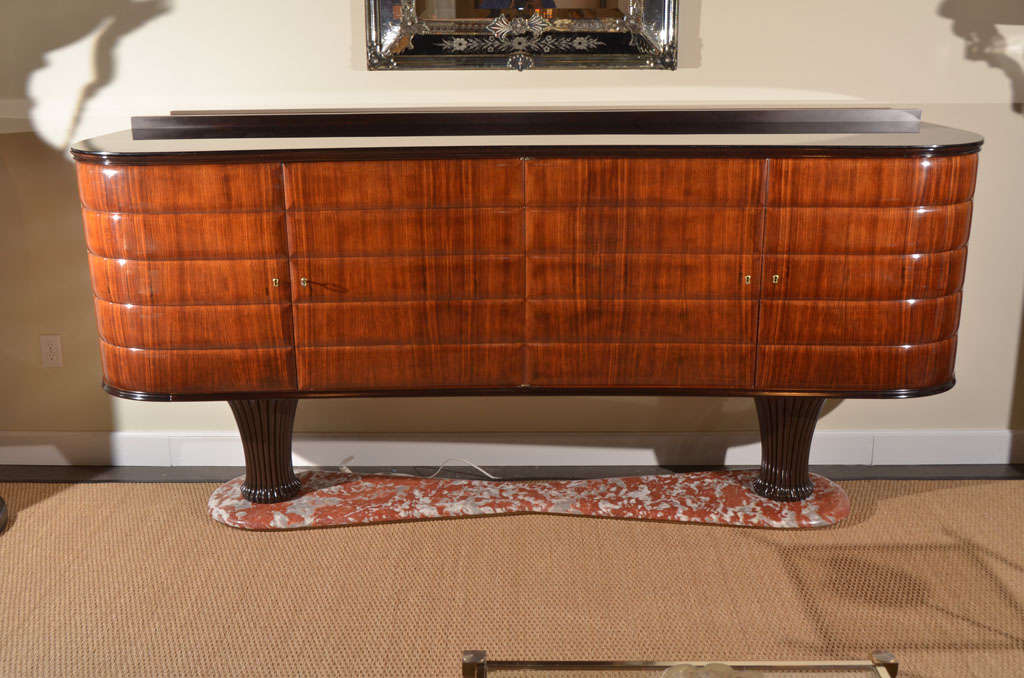 Italian Rosewood Server by Dassi, circa 1950. This piece features a black glass top and red marble base.