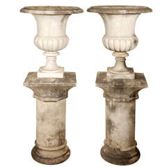 Pair of Marble Urns and Pedestal