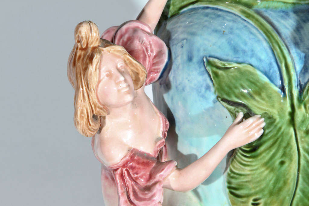 Monumental French Majolica Art Nouveau Figural Vase For Sale 1
